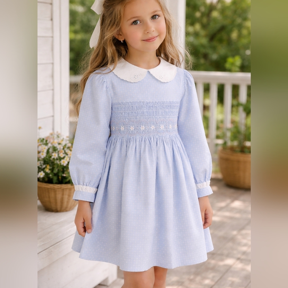 Vintage Polly Flinders Smocked Dress Size 5 Blue Cottagecore Heirloom